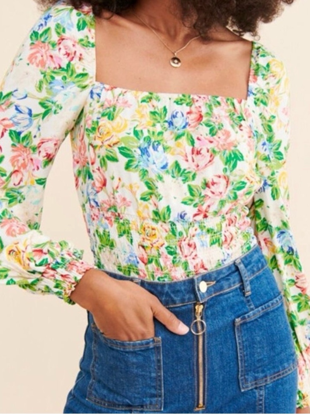 AFRM Cropped Floral Top with Puff Sleeves - Size S/P Long Sleeve Smocked Blouse